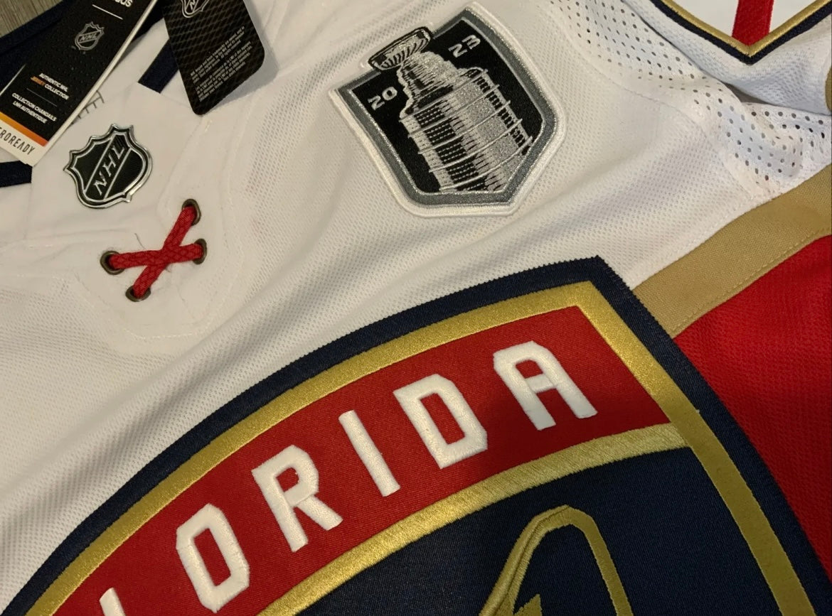 Bob Bobrovsky Florida Panthers NHL Adidas 2023 Stanley Cup Finals Patch Premier Player Away Jersey - White