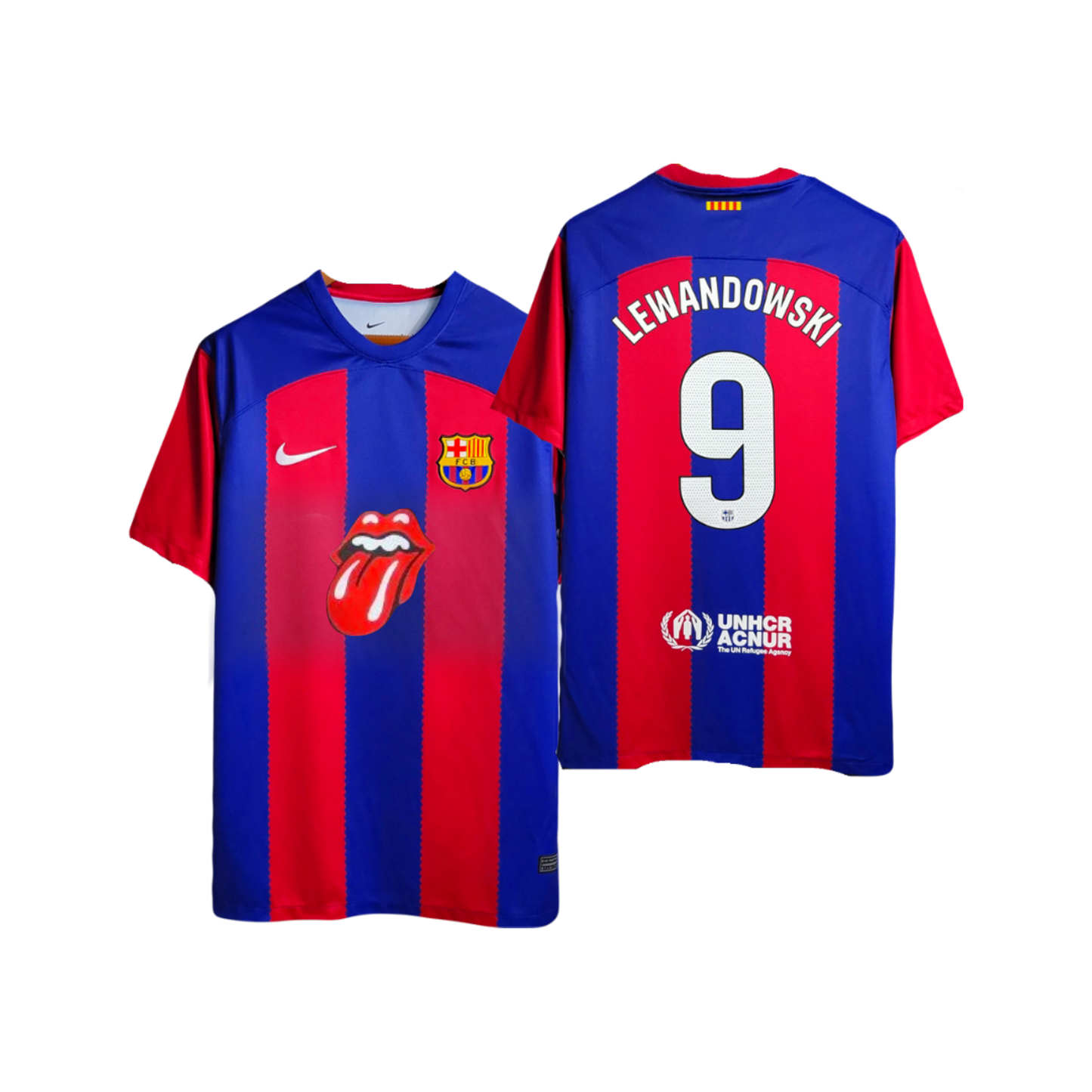 FC Barcelona 2023/24 Home Kit Robert Lewandowski Nike Fan Version ‘Rolling Stones Edition’ Soccer Jersey - Red & Blue