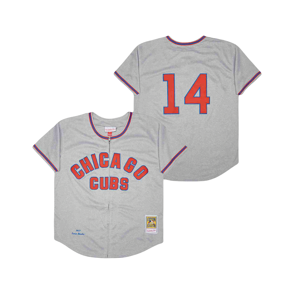 Chicago Cubs Ernie Banks 1957 MLB Mitchell Ness Cooperstown Classic Jersey - Gray & Red