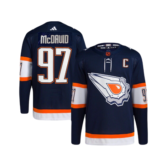 Connor Mcdavid Edmonton Oilers NHL Captain Patch Adidas Navy 2022/23 Reverse Retro Jersey