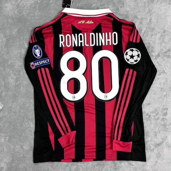 Ronaldinho A.C Milan 2009/10 UEFA Champions League Collared Classic Iconic Retro Adidas Jersey - Black & Red Striped Longsleeve