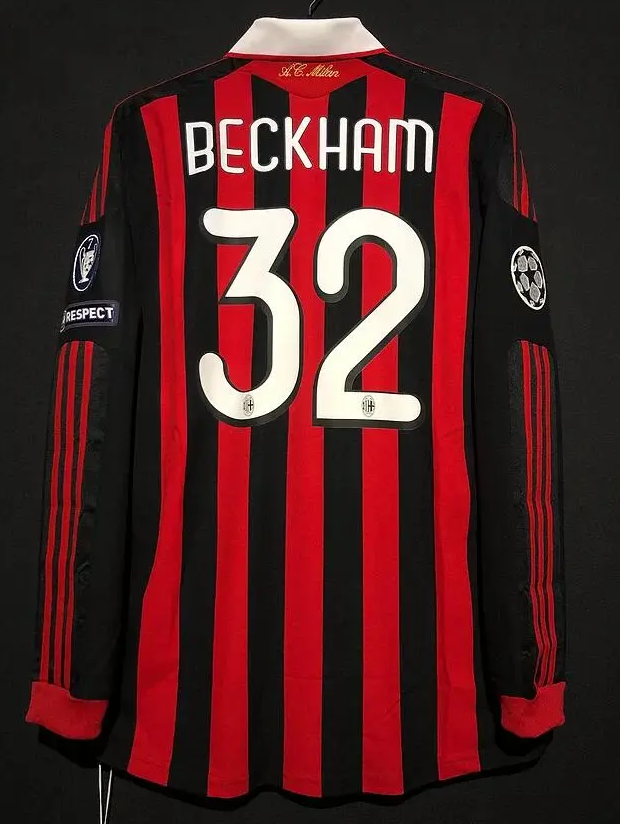David Beckham A.C Milan 2009/10 UEFA Champions League Iconic Collared Classic Adidas Retro Jersey - Black & Red Striped Longsleeve