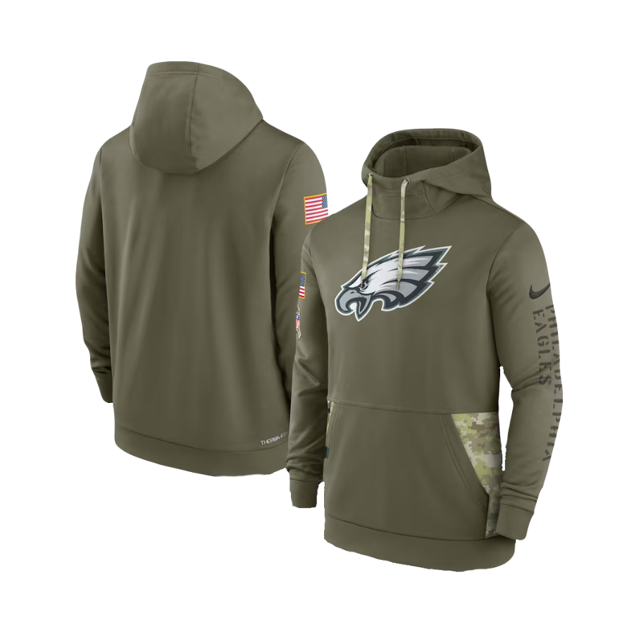 Mens Philadelphia Eagles Nike Olive 2022 Salute to Service Therma Performance Pullover Hoodies